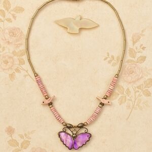 Vintage Sterling Silver & Shell Butterfly Necklace wth Matching Bird Brooch 70's